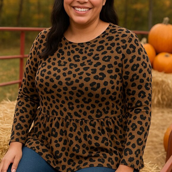 Time & Tru Women’s Leopard Print Peplum Top Size 1X - Picture 1 of 12